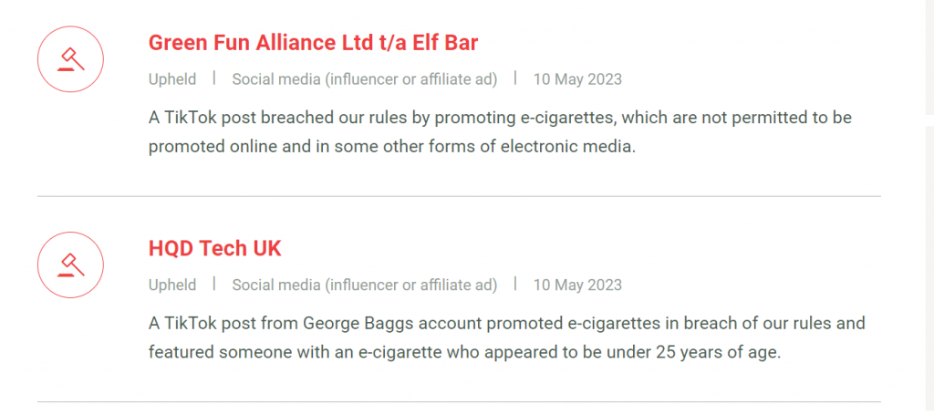UK ASA Bans TikTok Marketing Contents for Chinese Vape Brands Elf Bar and HQD Tech